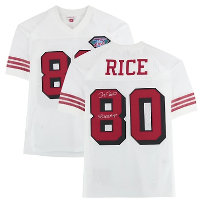 Maillot authentique blanc autographié par Jerry Rice des San Francisco 49ers, Mitchell et Ness, avec inscription « SB XXIII MVP ».