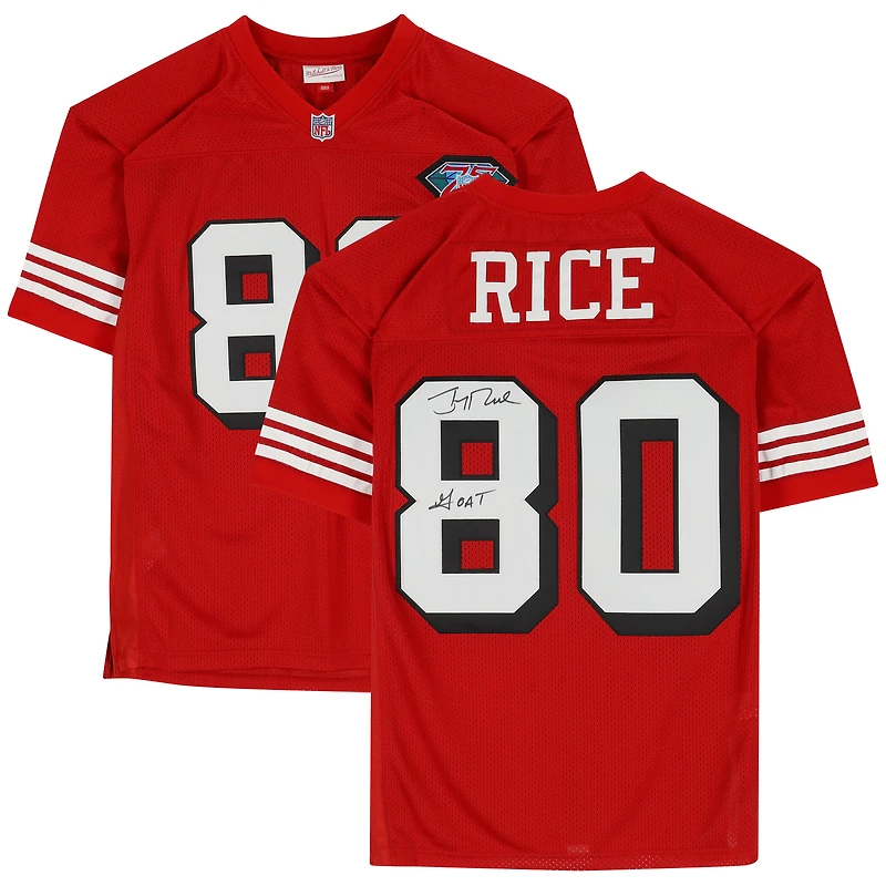 Maillot authentique rouge autographié par Jerry Rice des San Francisco 49ers avec Mitchell & Ness et inscription « GOAT »