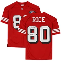 Maillot authentique rouge autographié par Jerry Rice des San Francisco 49ers avec Mitchell & Ness et inscription « GOAT »
