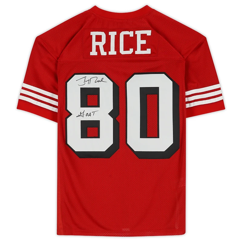 Jerry Rice San Francisco 49ers Autographed Red Mitchell & Ness Authentic Jersey with "GOAT" Inscription
