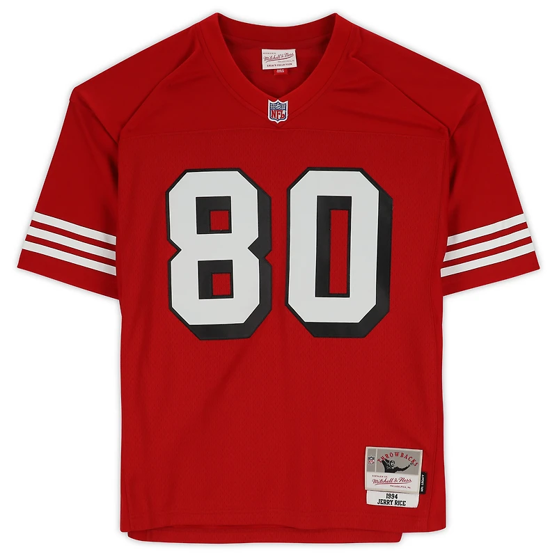 Maillot réplique rouge Mitchell & Ness autographié par Jerry Rice des 49ers de San Francisco, avec inscription « HOF 2010 ».