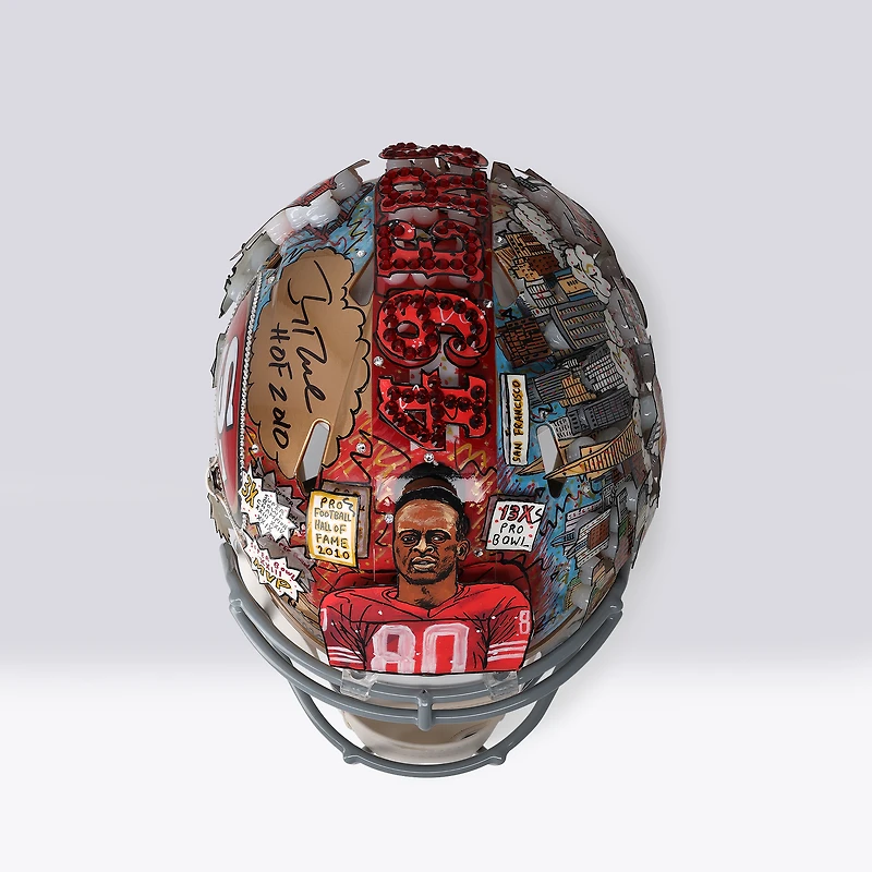 Casque Riddell Speed ​​Authentic autographié par Jerry Rice (49ers de San Francisco) avec inscription « HOF 2010 » - Illustration de Charles Fazzino - NF70444397