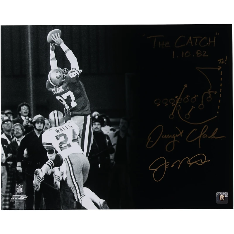 Joe Montana & Dwight Clark San Francisco 49ers Dual-Signed 16" x 20" Black & White The Catch Photograph with "The Catch 1.10.82" Inscription and Diagram of the Play