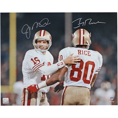Photo de Joe Montana et Jerry Rice, joueurs des 49ers de San Francisco, signée par la critique (40 x 50 cm).