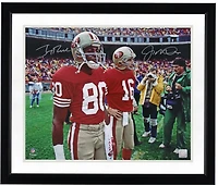 Photo dédicacée de Joe Montana et Jerry Rice, joueurs des 49ers de San Francisco, sur le terrain (40 x 50 cm).