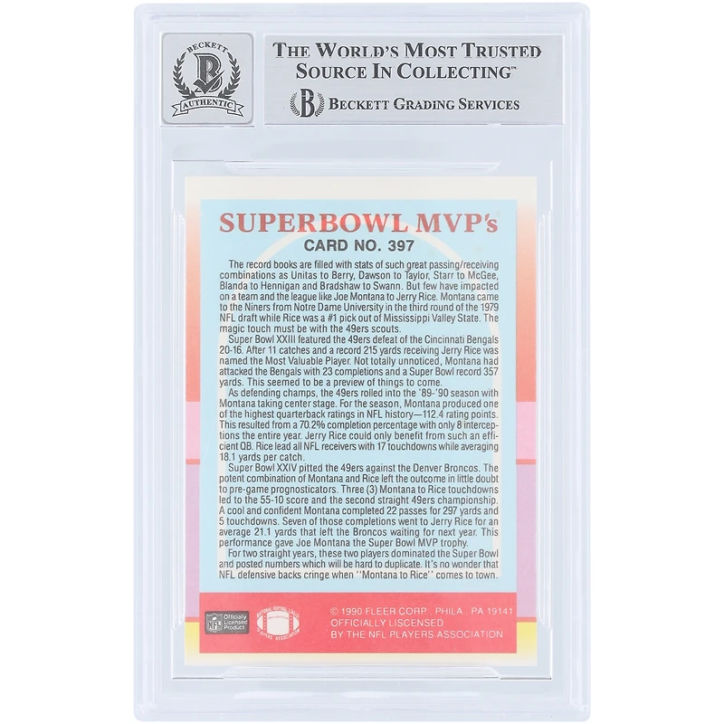 Joe Montana & Jerry Rice San Francisco 49ers Autographed 1990 Fleer #397 Beckett Fanatics Witnessed Authenticated 10 Card
