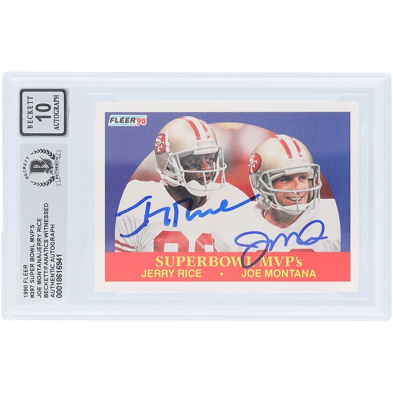Carte Fleer n° 397 de 1990, signée par Joe Montana et Jerry Rice des 49ers de San Francisco. Authentifiée par Beckett Fanatics Witnessed.