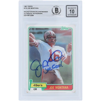 Carte de recrue numéro 10 authentifiée de la série 1 #216 de 1980 Topps signée par Joe Montana des San Francisco 49ers, avec l'inscription « Joe Cool » et présentée par des fanatiques de Beckett