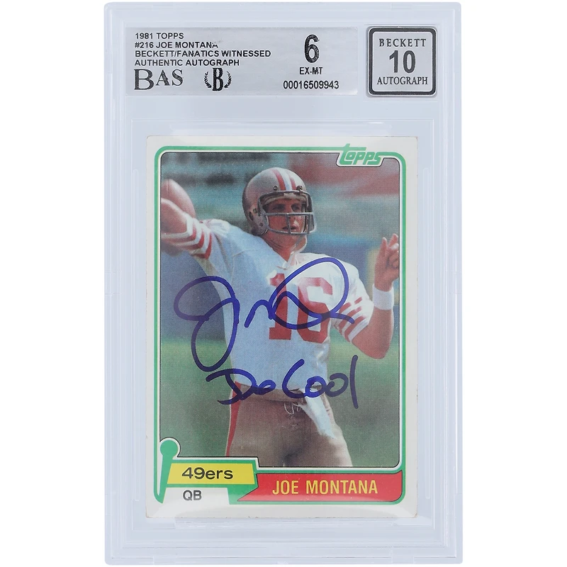 Carte de recrue 6/10 authentifiée 1981 Topps #216 Beckett dédicacée par Joe Montana San Francisco 49ers avec l'inscription « Joe Cool »