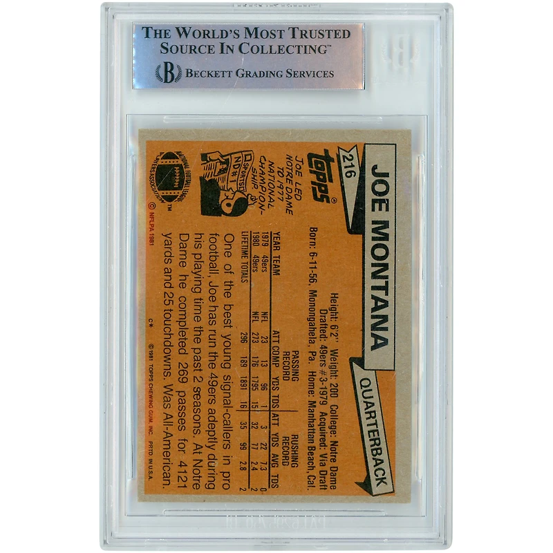 Carte authentifiée autographiée par Joe Montana des San Francisco 49ers Topps #216 Beckett de 1981, avec témoins fanatiques
