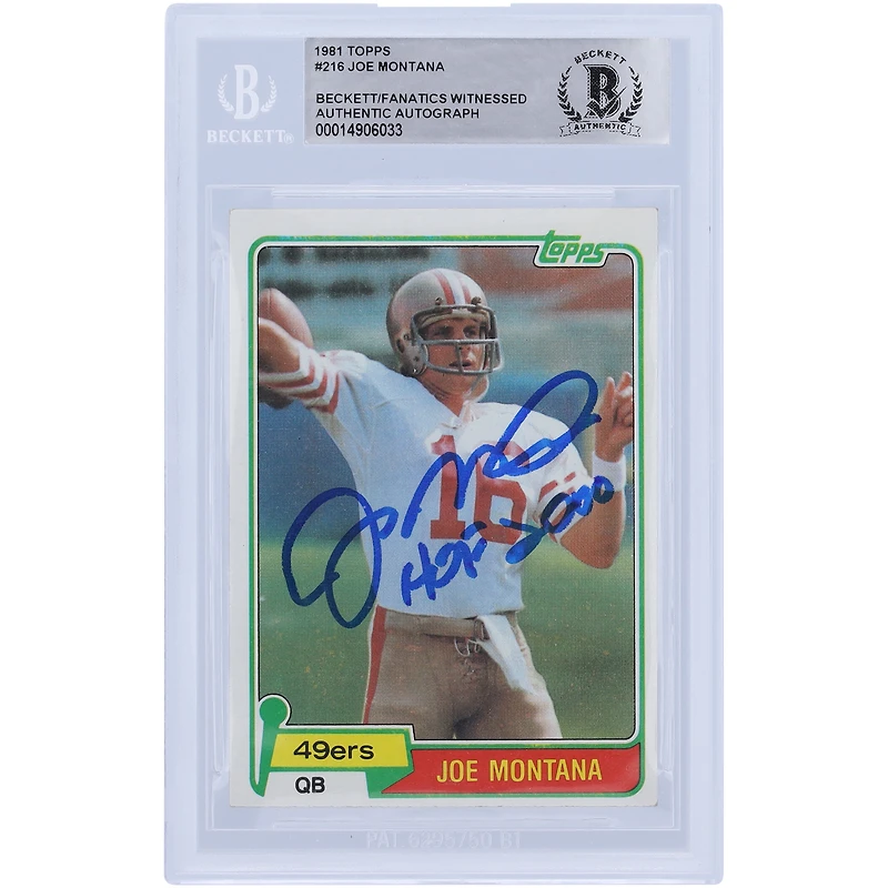 Joe Montana San Francisco 49ers a autographié la carte de recrue authentifiée Topps #216 Beckett de 1981 avec l'inscription « HOF 2000 » devant les fanatiques