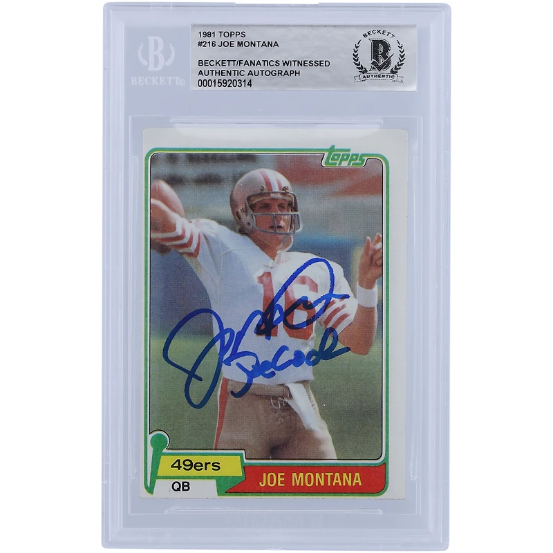 Carte de recrue authentifiée signée par Joe Montana des San Francisco 49ers, Topps Series 1 #216 de 1981, avec l'inscription « Joe Cool » et présentée par des fanatiques de Beckett