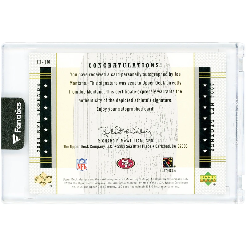 Joe Montana San Francisco 49ers Autographed 2004 Upper Deck NFL Legends Immortal Inscriptions #II-JM #4/45 Card