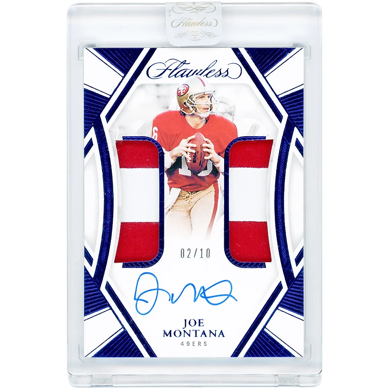 Carte autographiée de Joe Montana (San Francisco 49ers) - Panini Flawless Two Dual-Color Relics Sapphire 2024 #DPA-JMA #2/10
