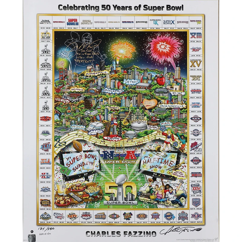Affiche du Super Bowl 50 signée par Joe Montana (San Francisco 49ers), format 27" x 34", avec plusieurs dédicaces - Édition limitée à 500 exemplaires