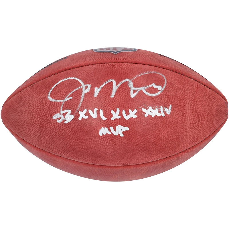 Ballon de football Duke en couleur autographié par Joe Montana des San Francisco 49ers avec l'inscription « SB XVI, XIX, XXIV MVP »
