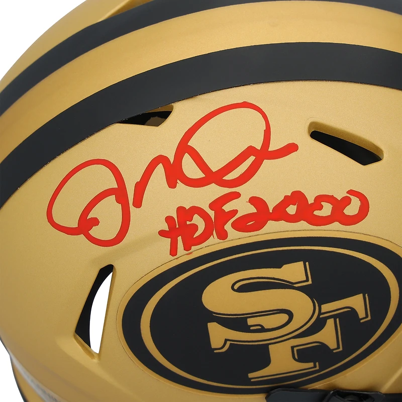 Casque Riddell Rave Speed Mini autographié par Joe Montana des San Francisco 49ers avec inscription « HOF 2000 »