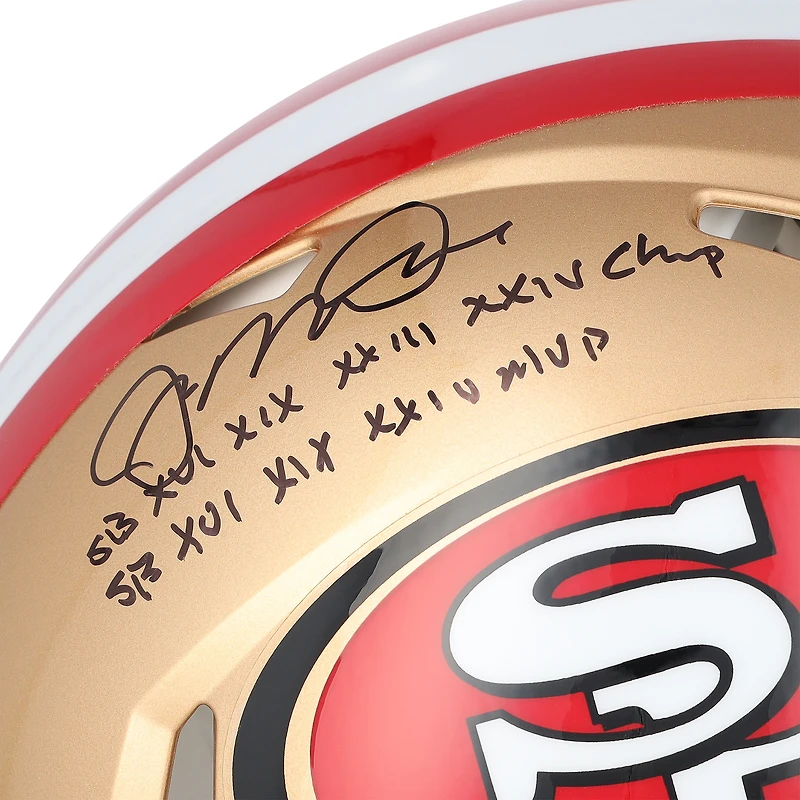 Casque Riddell Speed ​​Authentic autographié par Joe Montana des 49ers de San Francisco, avec inscription « SB XVI, XIX, XXIII, XXIV Champ/SB XVI, XIX, XXIV MVP ».