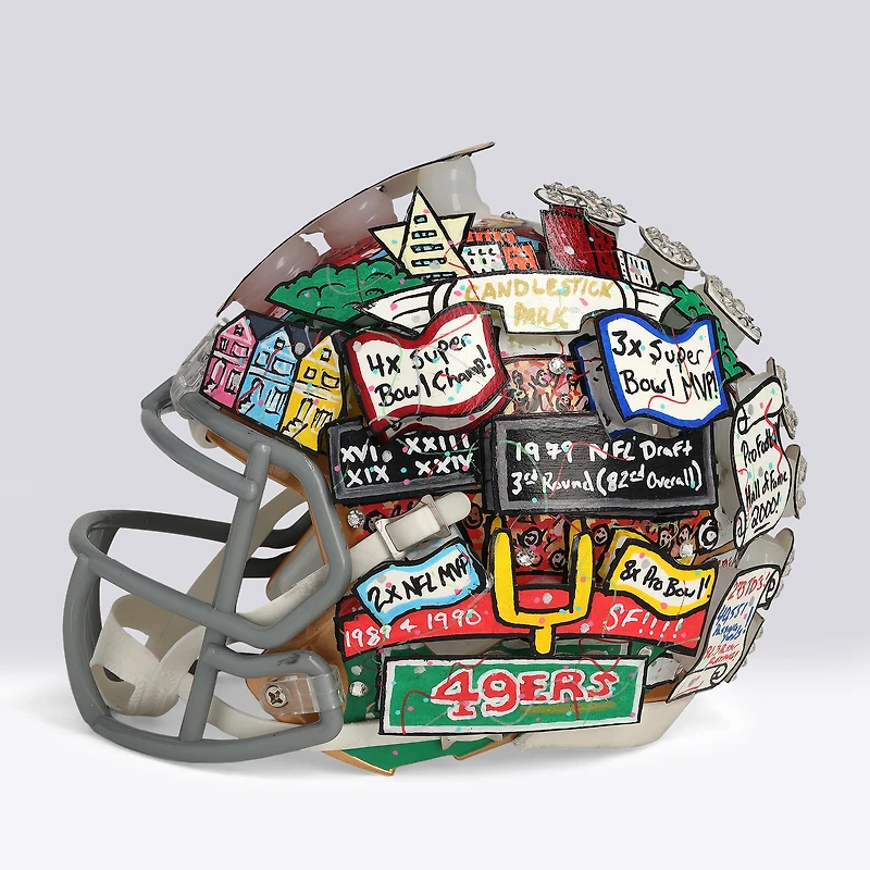 Joe Montana San Francisco 49ers Autographed Riddell Speed Mini Helmet with "HOF 2000" Inscription - Art by Charles Fazzino - WN55916250
