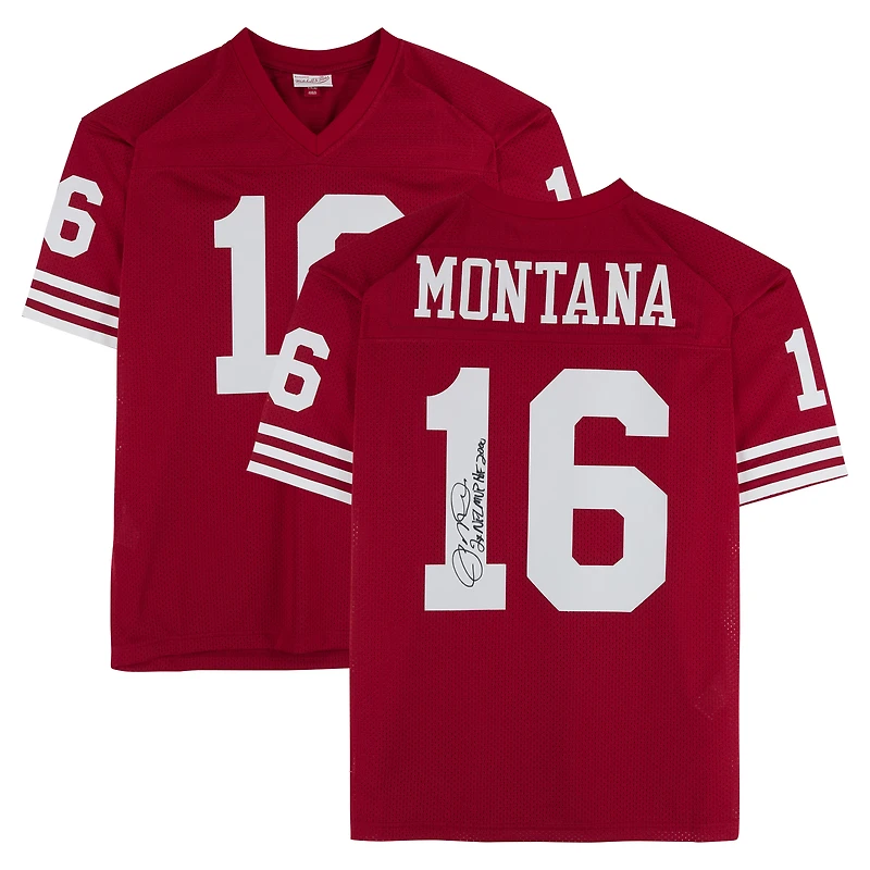 Maillot authentique dédicacé par Joe Montana des San Francisco 49ers par Scarlet Mitchell & Ness avec les inscriptions « 2x NFL MVP » et « HOF 2000 »