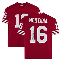 Maillot authentique dédicacé par Joe Montana des San Francisco 49ers par Scarlet Mitchell & Ness avec les inscriptions « 2x NFL MVP » et « HOF 2000 »