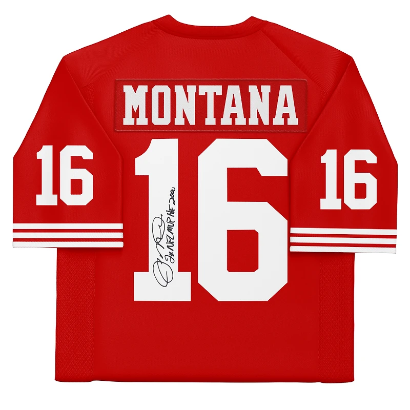 Maillot authentique dédicacé par Joe Montana des San Francisco 49ers, Scarlet Mitchell & Ness, avec inscriptions « 4x SB Champ » et « HOF 2000 » - Édition limitée à 10 exemplaires