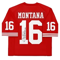 Maillot authentique dédicacé par Joe Montana des San Francisco 49ers, Scarlet Mitchell & Ness, avec inscriptions « 4x SB Champ » et « HOF 2000 » - Édition limitée à 10 exemplaires