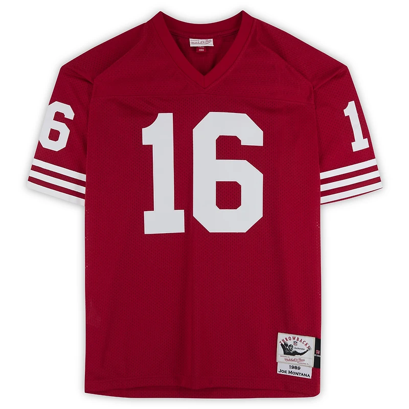 Maillot authentique autographié par Joe Montana des San Francisco 49ers par Scarlet Mitchell & Ness avec inscription « SB XVI XIX XXIV MVP »