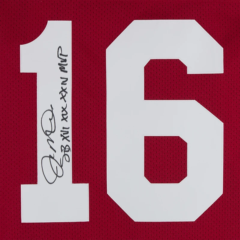 Maillot authentique autographié par Joe Montana des San Francisco 49ers par Scarlet Mitchell & Ness avec inscription « SB XVI XIX XXIV MVP »