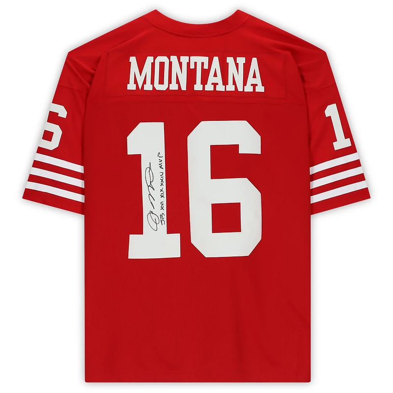 Maillot Scarlet Mitchell & Ness Legacy autographié par Joe Montana des 49ers de San Francisco, avec inscription « SB XVI XIX XXIV MVP »