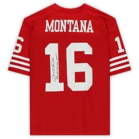 Maillot Scarlet Mitchell & Ness Legacy autographié par Joe Montana des 49ers de San Francisco, avec inscription « SB XVI XIX XXIV MVP »