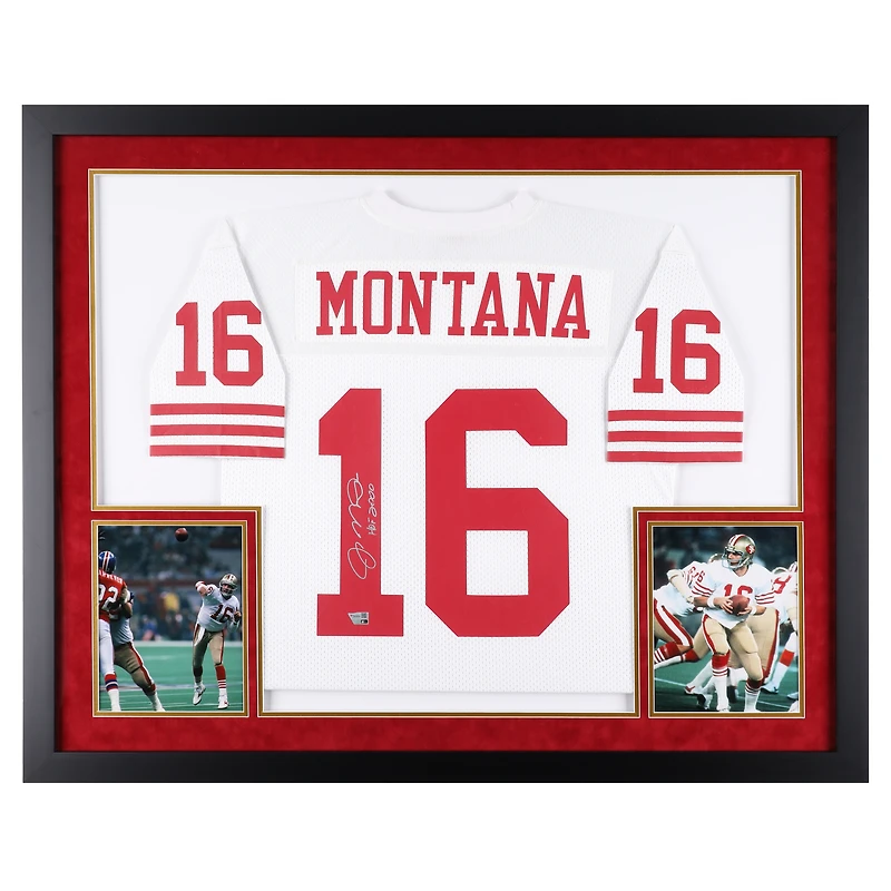 Joe Montana San Francisco 49ers Autographed SM Deluxe Framed Autographed White Mitchell & Ness Authentic Jersey with "HOF 2000" Inscription