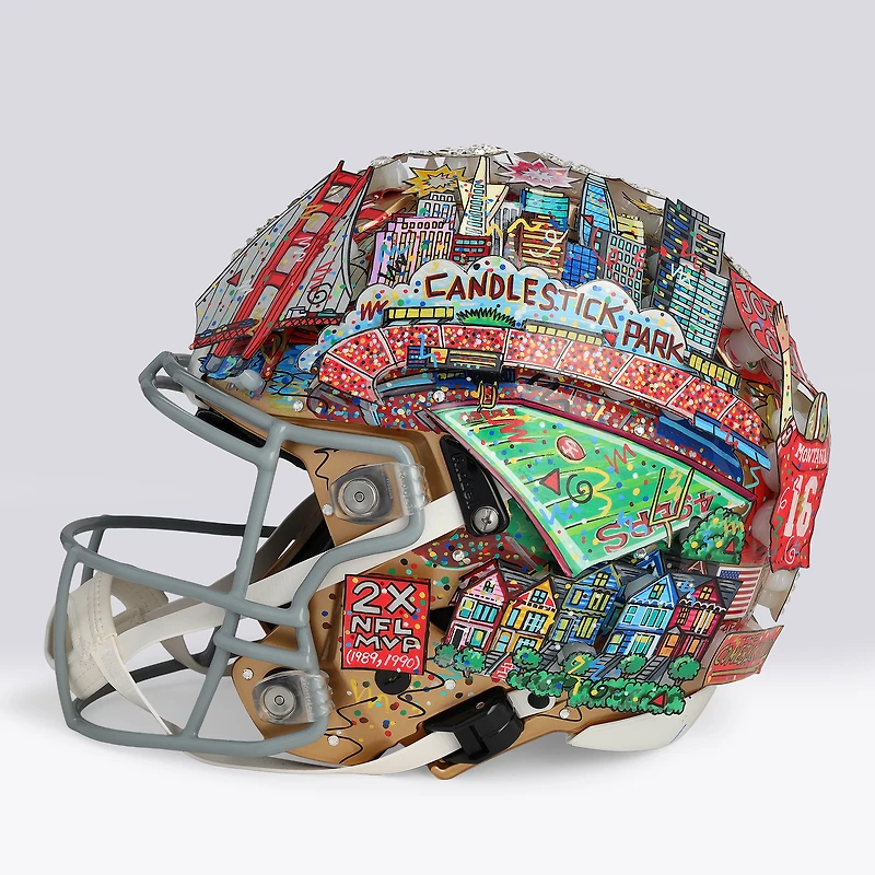Casque Speed ​​Flex Authentic autographié par Joe Montana des 49ers de San Francisco - Illustration de Charles Fazzino - WN55916229