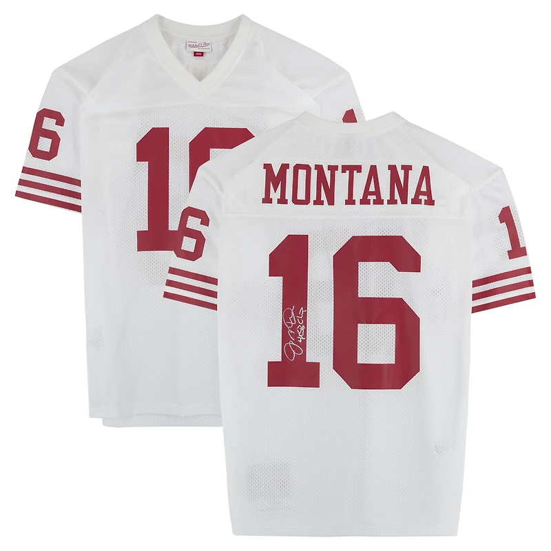 Maillot authentique blanc autographié par Joe Montana des San Francisco 49ers, Mitchell & Ness, avec inscription « 4x SB Champ ».