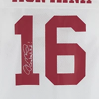 Maillot authentique blanc autographié par Joe Montana des San Francisco 49ers, signé Mitchell & Ness, avec l'inscription « Comeback Kid ! »