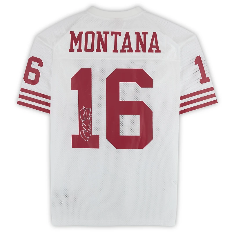 Maillot authentique blanc autographié par Joe Montana des San Francisco 49ers, signé Mitchell & Ness, avec inscription « Niner Legend ».