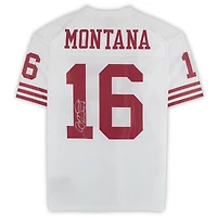 Maillot authentique blanc autographié par Joe Montana des San Francisco 49ers, signé Mitchell & Ness, avec inscription « Niner Legend ».