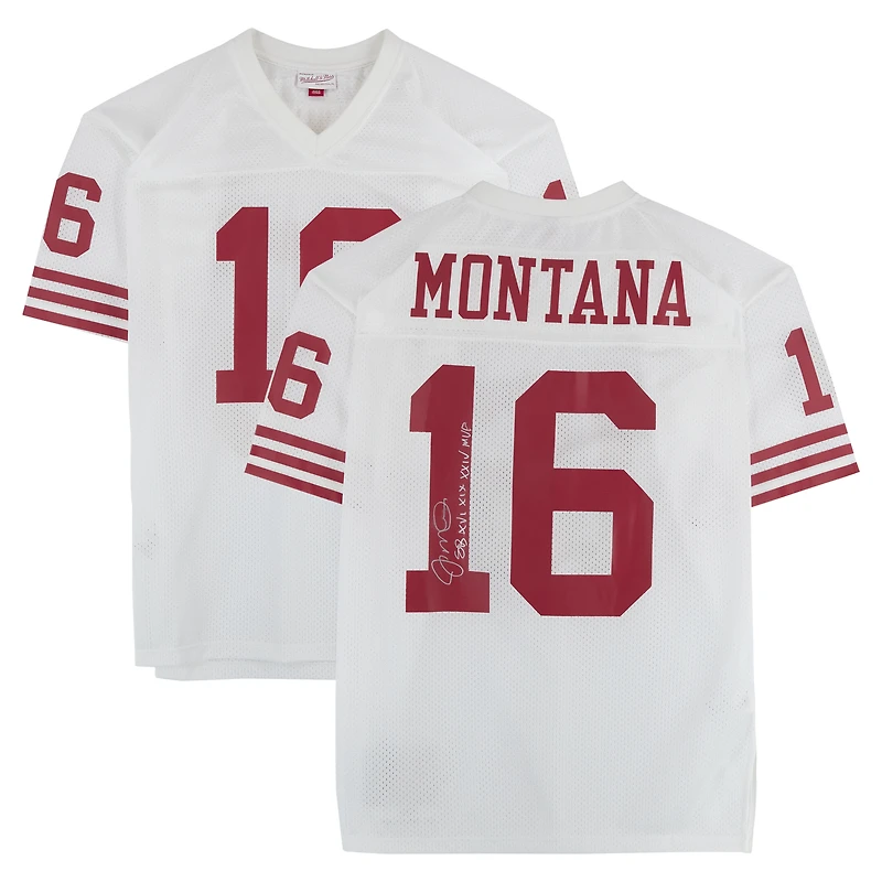 Maillot authentique blanc autographié par Joe Montana des San Francisco 49ers, signé Mitchell & Ness, avec inscription « SB XVI XIX XXIV MVP ».