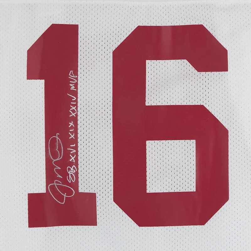 Maillot authentique blanc autographié par Joe Montana des San Francisco 49ers, signé Mitchell & Ness, avec inscription « SB XVI XIX XXIV MVP ».