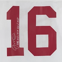Maillot authentique blanc autographié par Joe Montana des San Francisco 49ers, signé Mitchell & Ness, avec inscription « SB XVI XIX XXIV MVP ».