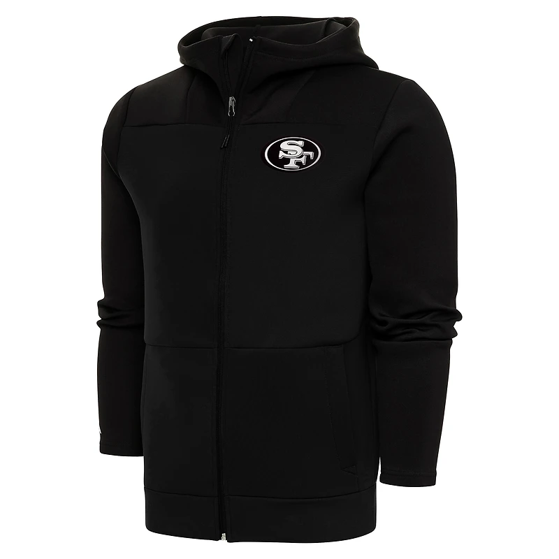 Sweat à capuche zippé intégral Antigua Black San Francisco 49ers avec logo métallisé pour homme