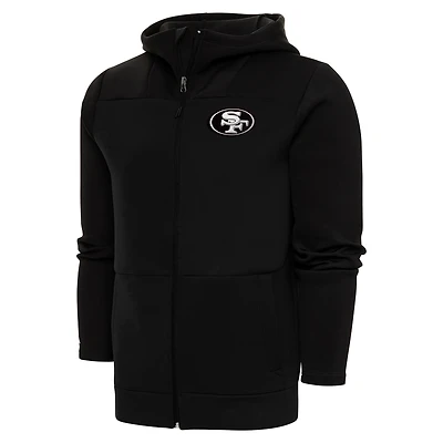 Sweat à capuche zippé intégral Antigua Black San Francisco 49ers avec logo métallisé pour homme