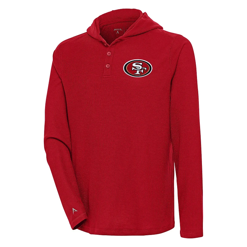 Men's Antigua  Scarlet San Francisco 49ers Strong Hold Long Sleeve Henley Hoodie T-Shirt