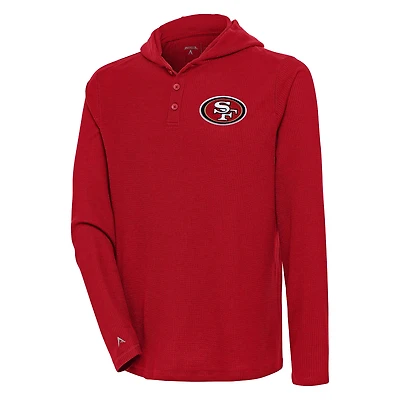 Men's Antigua  Scarlet San Francisco 49ers Strong Hold Long Sleeve Henley Hoodie T-Shirt
