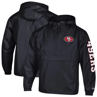 Men's Champion Black San Francisco 49ers Packable Hooded Windbreaker Half-Zip Jacket
