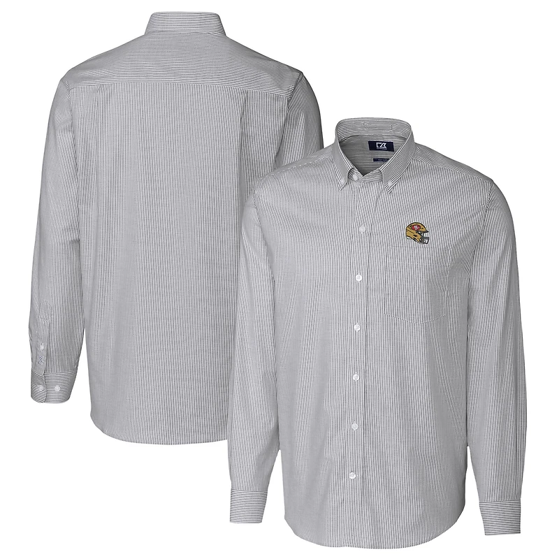 Chemise boutonnée à manches longues et rayures Oxford extensibles pour homme, couleur anthracite, avec casque des San Francisco 49ers, Cutter & Buck