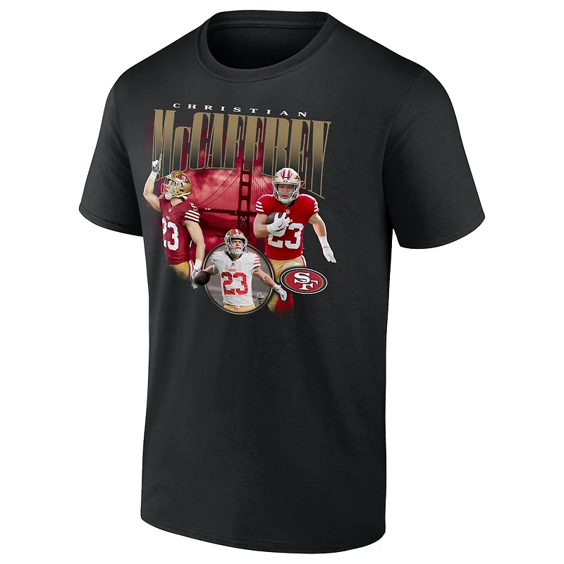 T-shirt graphique fanatiques Christian McCaffrey pour hommes, joueur notoire des 49ers de San Francisco, noir