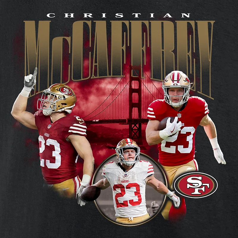 T-shirt graphique fanatiques Christian McCaffrey pour hommes, joueur notoire des 49ers de San Francisco, noir