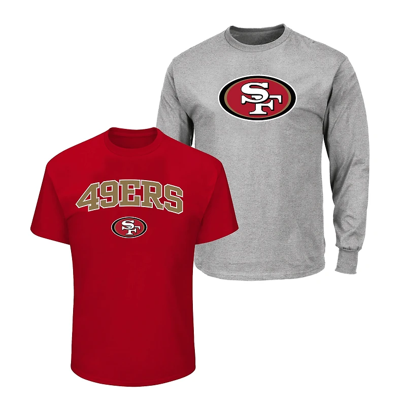 Lot de 2 t-shirts Fanatics pour hommes, couleur écarlate/gris chiné, taille grande et grande, des 49ers San Francisco