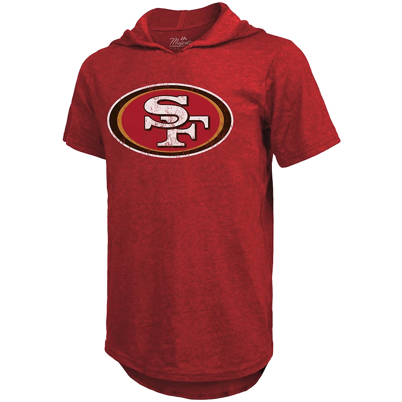 T-shirt à capuche manches courtes tri-mélange pour hommes Majestic Threads Brock Purdy Scarlet San Francisco 49ers Nom et numéro du joueur